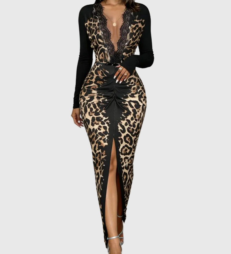 Divatos Mély V-nyakú Leopárd Bodycon Maxi Ruha