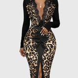 Divatos Mély V-nyakú Leopárd Bodycon Maxi Ruha