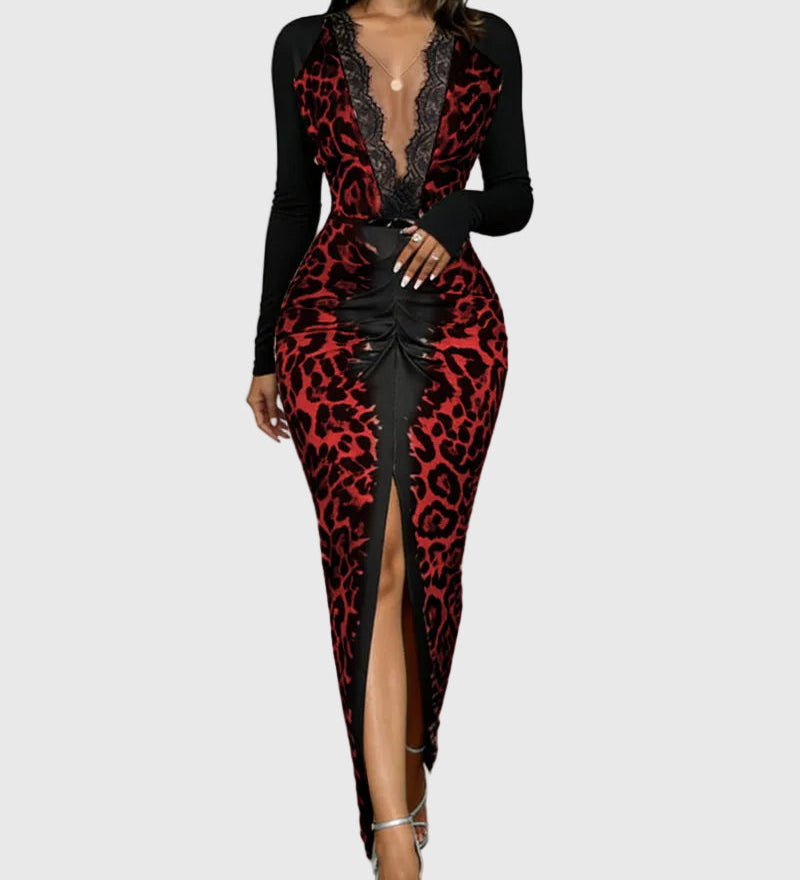 Divatos Mély V-nyakú Leopárd Bodycon Maxi Ruha