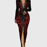 Divatos Mély V-nyakú Leopárd Bodycon Maxi Ruha