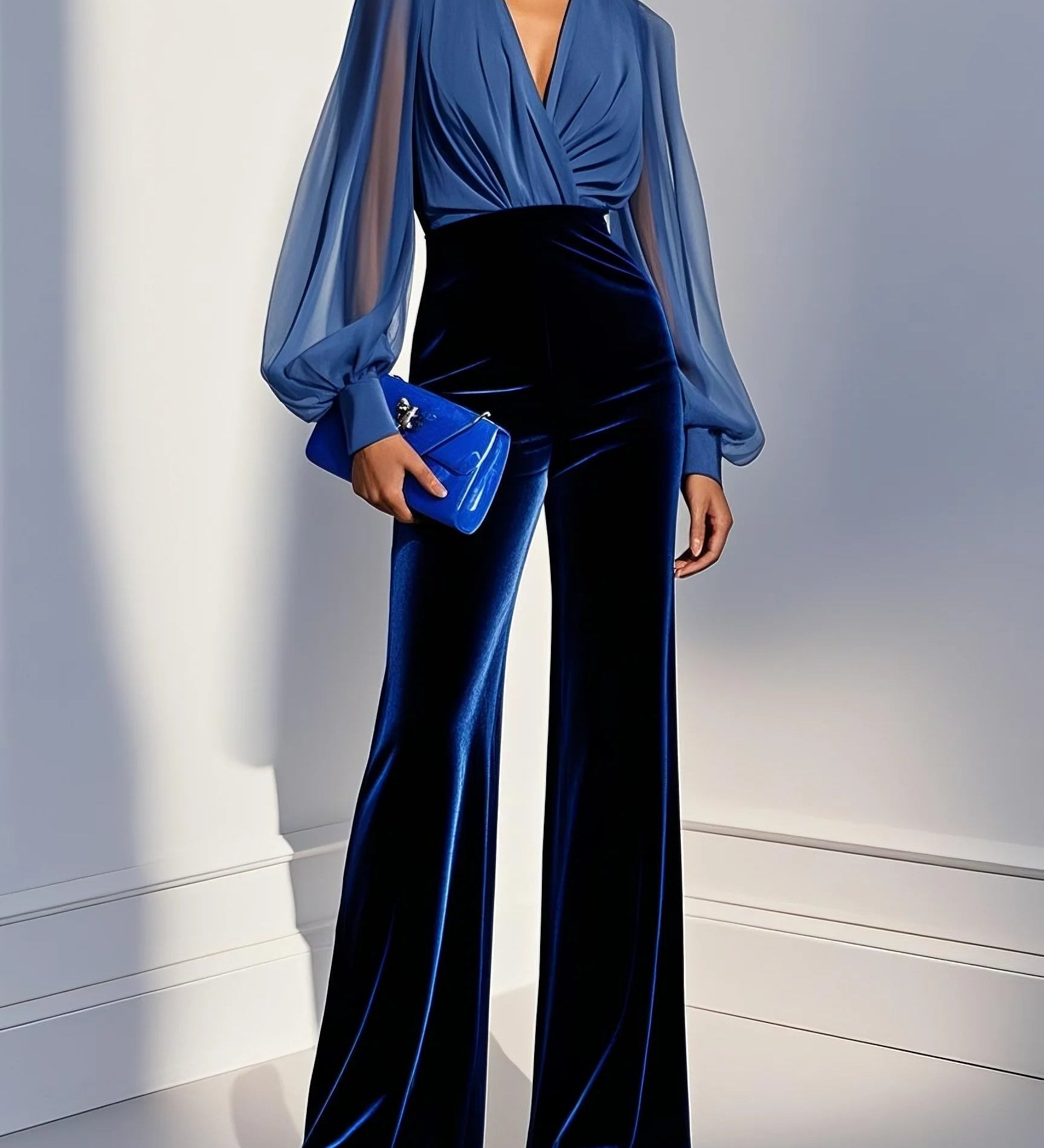 Zaira - Hosszú bársonynadrágos overál V-nyakkal és hosszú kék hálós ujjal