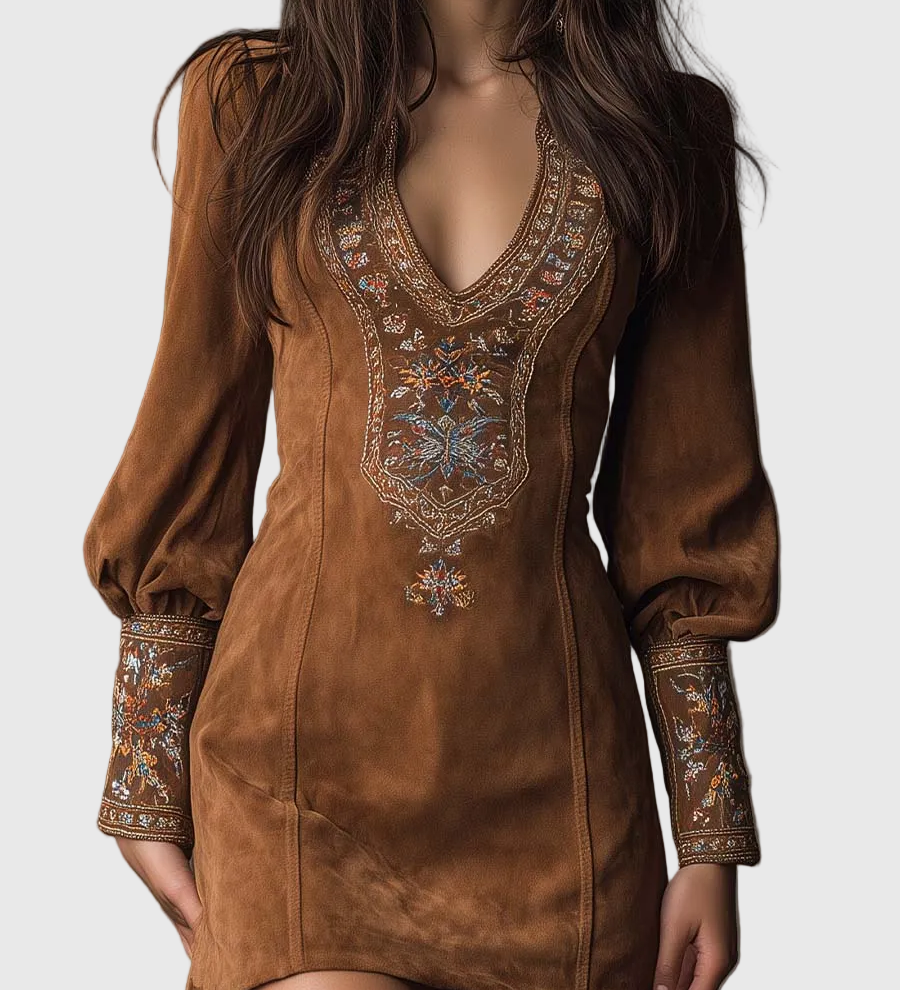 Petra - Hímzett mini velúr ruha Lila