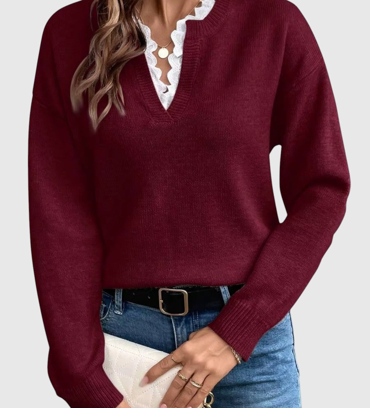 Karolina – Prémium pulóver V-nyakú csipkével